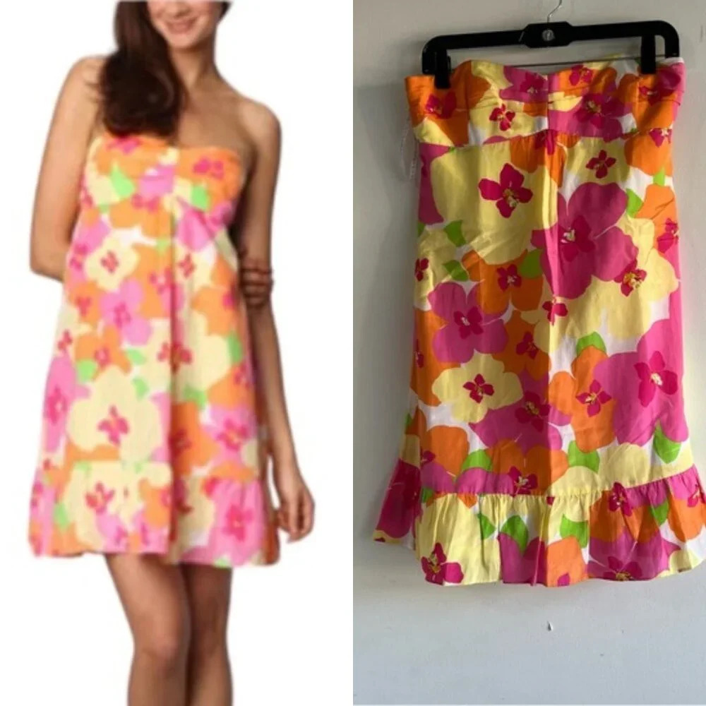 Lilly Pulitzer Hotty Pink Silk Floral Punch Ruffle Strapless Dress 22137 - Picture 1 of 6